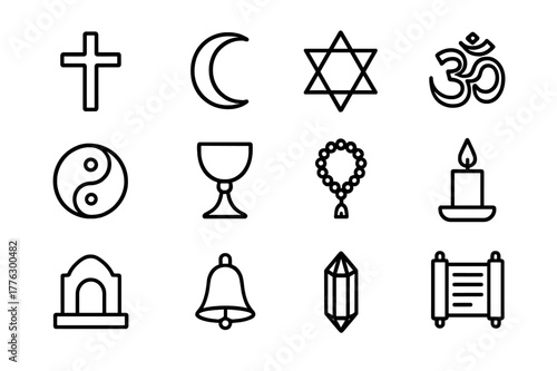 Religious Symbols Icons. Religious symbols. Line outline icon set of religious symbols: cross, crescent moon,