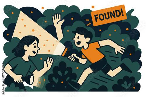 Dusk Flashlight Seek. Flashlight Seek at Dusk. Cones of light sweep between hedges as firefly dots drift. A crisp tag reads ?Found!? near a raised hand and