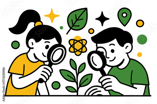 Curious Kids Discover. Exploration and discovery. Children examining plants, magnifying glasses in hand,