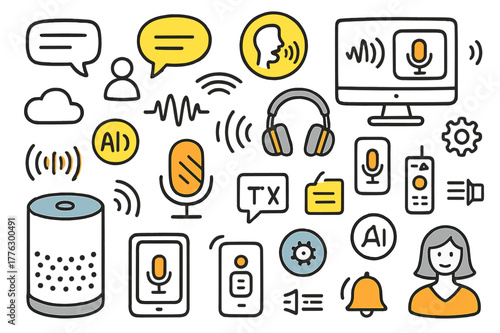 Speech Tech Doodle. Speech-controlled devices. Hand-drawn doodle illustration smart speaker (colored), microphone (colored), headphones (colored), smartphone