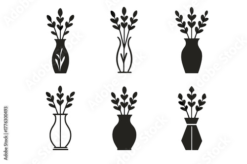 Lavender Vase Logos. tabletop flower vase. Set Logo of tabletop flower vase: tall vase with lavender stems. Icon set. harmonious logo variations of the same