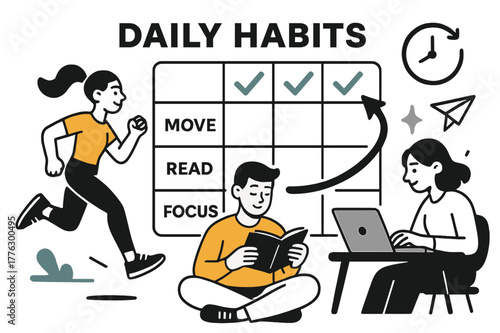Dynamic Daily Routine. Vision Board ? Daily Habits. A neat habit grid with checkmarks gliding across; labels ?Move, Read, Focus?. A minimal clock and arrow