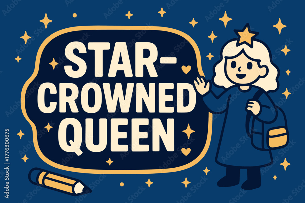 Naklejka premium Star-Crowned Queen Banner. Star-Crowned Queen banner, flat vector illustration, bold oversized text inside rounded blob banner, cartoon characters standing and