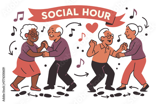 Elderly Dance Class. Elderly ? Dance Class. Partners step in a gentle swing; note icons and arrowed footprints guide the rhythm. A ribbon says ?social hour?.