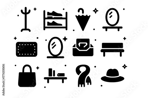 Homey Entryway Icons. Homey Entryway. Solid icons set of Homey Entryway: coat rack, shoe shelf, umbrella, key hook, doormat, mirror, mail tray, bench, tote