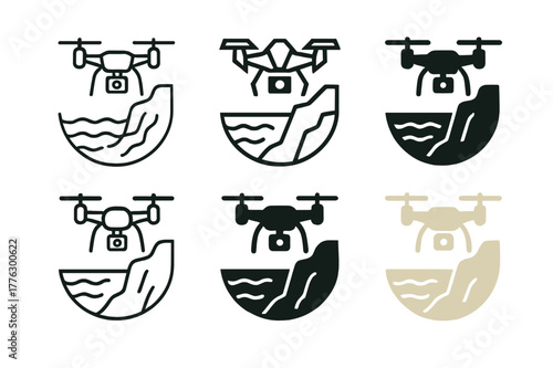 Drone Photography Logos. Photography and capturing scenic views. Set Logo of Photography and capturing scenic views: drone filming coastal cliffs. Icon set.