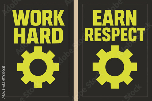 Brutalist Work Banners. Work Ethic. Two vertical A6 banners with safe margins, centered composition, no elements touching edges, brutalist, charcoal and neon
