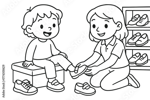 Shoe Fitting Fun. Shoe fitting children?s coloring book illustration, outlined drawing, child trying on shoes