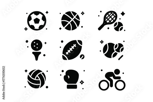Black Sports Icons. Sports. Solid icons set of Sports: soccer, basketball, tennis, golf, football, baseball, volleyball, rugby, boxing, wrestling, swimming,