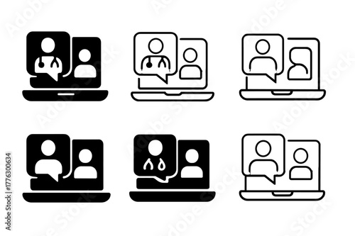 Telemedicine Logo Grid. Telemedicine consultations. Set Logo of laptop with doctor and patient chat bubbles: Filled silhouette, Stylized detail, Minimal