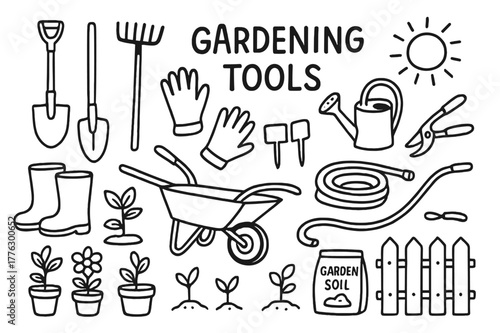 Gardening Tools Doodle. Gardening Tools. Hand-drawn doodle illustration Gardening Tools shovel, rake, trowel, watering can, gloves, wheelbarrow, hose, garden