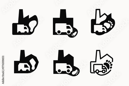 Factory Carbon Footprint Logos. Carbon footprint of factory. Icon set. Set Logo of carbon footprint of factory: freight truck leaving plant with footprint