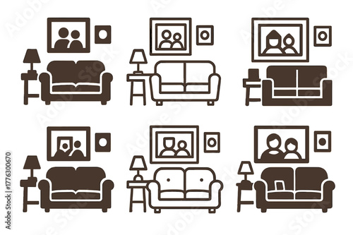 Family Decor Logos. Personalizing home decor with family photos. Set Logo of personalizing home decor with family photos: cozy living room with framed art.