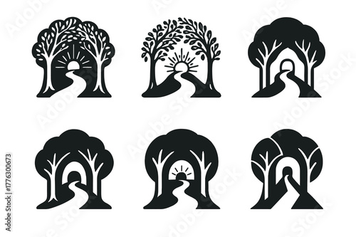 Symbolic Woodland Pathways. symbolic path leading through the woods, filled with light. Set Logo of symbolic path leading through the woods, filled with light: