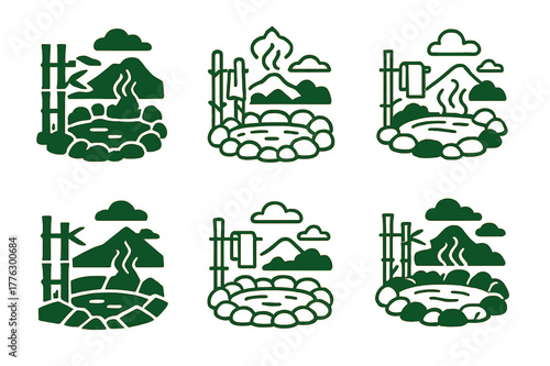 Hot Spring Logos. A hot spring bath with a natural, serene landscape around it. Icon set. Set Logo of A hot spring bath with a natural, serene landscape around