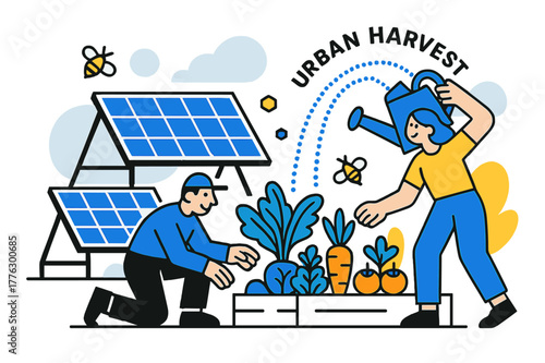 Urban Garden Harvest. Rooftop Garden + Panels. Vegetables sprout beside elevated PV frames; watering can pours a dotted arc labeled ?Urban Harvest.? Bees buzz