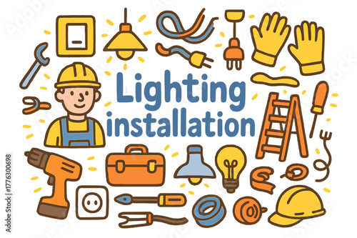 Lighting Installation Doodle. Lighting installation. Hand-drawn doodle illustration of lighting installation.