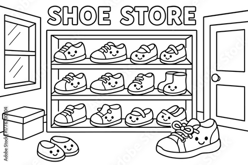 Smiling Shoes Coloring Illustration. Shoe store children?s coloring book illustration, outlined drawing,