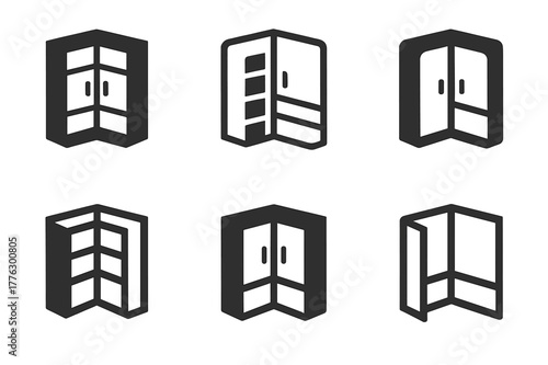 Custom Storage Icons. Customizable home storage solutions. Icon set. Set Logo of customizable home storage solutions: corner storage cabinet. harmonious logo