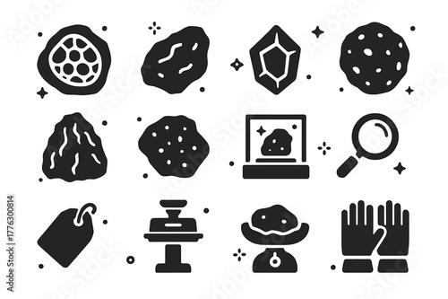 Meteorite Icon Collection. Meteorite fragments and specimens. Solid icons set of Meteorite fragments and specimens: cut rock slice, metal fragment, olivine