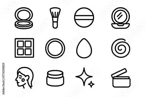 Cosmetic Icon Set. Blush and bronzer powder. Line outline icon set of blush and bronzer powder: compact case,
