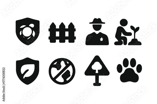 Conservation Icons Set. Conservation efforts. Filled icon set of conservation efforts: protected animal, fence