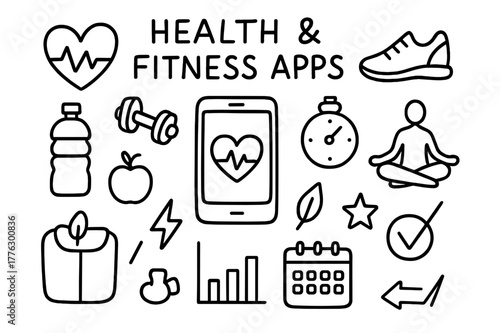 Health App Doodles. Health and fitness apps. Hand-drawn doodle illustration Health and fitness apps heart rate, dumbbell, shoe, stopwatch, water bottle, apple,