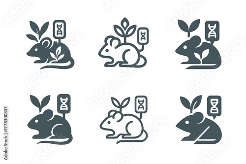 Genetic Icon Variations. Genetically modified plants and animals. Set Logo of Genetically modified plants and animals: lab mouse with gene tag. Icon set.