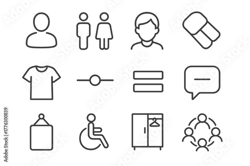 Gender-Neutral Icons Set. Gender-Neutral Design. Line icon set of gender-neutral design: neutral user silhouette, unisex restroom sign, inclusive avatar,