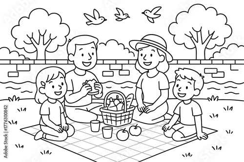 Family Picnic Scene. Picnic by the embankment children?s coloring book illustration, outlined drawing, smiling family having a picnic on the grass beside a