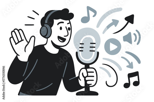Dynamic Podcast Illustration. Radio and podcasts. A host speaking into a glowing microphone, waves and sound