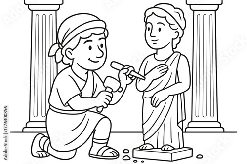 Sculptor's Workshop Coloring. Greek and Roman sculpture children?s coloring book illustration, outlined drawing, sculptor chiseling a statue with simple
