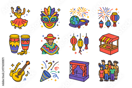 Global Celebration Icons. Global celebration. Colorful isometric vector icons set of global celebration: traditional dance, festival mask, parade float,