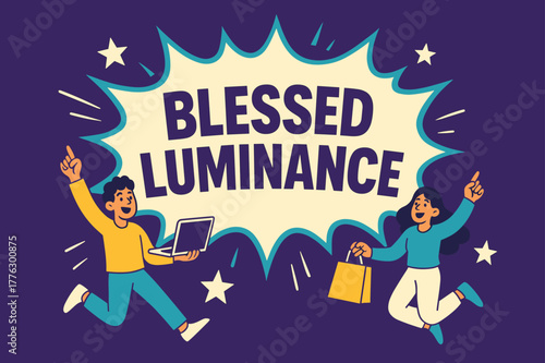Dynamic Luminance Banner. Blessed luminance banner, flat vector illustration, bold oversized text inside comic burst, cartoon characters jumping and pointing