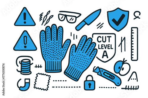 Cut-Resistant Gloves Illustration. // Cut-resistant gloves. Hand-drawn doodle illustration cut-resistant gloves [glove pair with knit texture (accented), knife