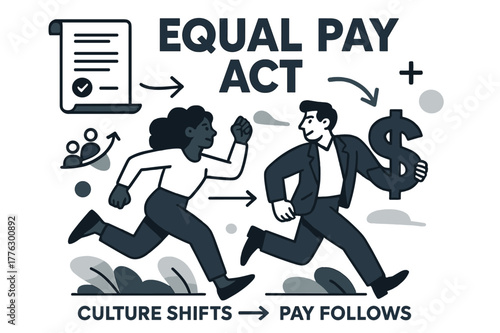 Equal Pay Culture Shift. Policy change & compliance. Law document turns into a workplace poster titled ?Equal Pay Act?; arrows guide from rule to real-world