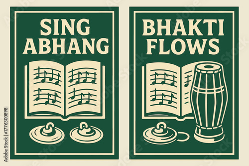 Abhang Devotion Banners. Abhang Devotion. Two vertical A6 banners with safe margins, centered composition, no elements touching edges, bold, emerald and cream,