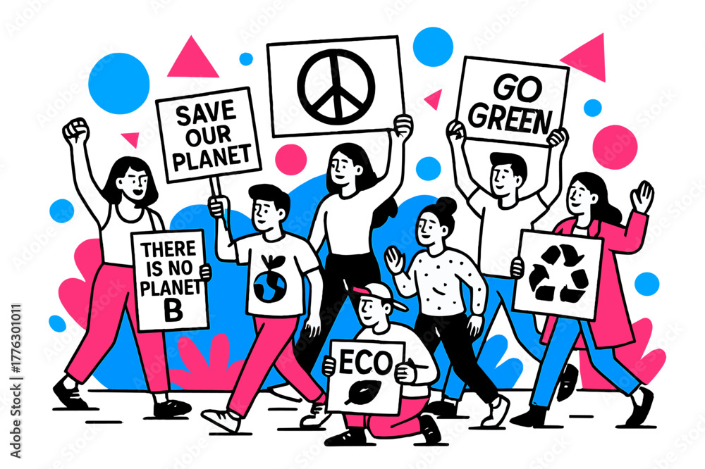 Obraz premium Eco-Friendly Street Demonstration. Environmental Protests. Street filled with demonstrators holding eco-friendly signs with floating abstract geometric shapes,