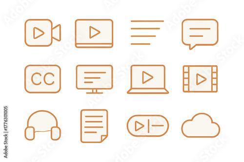 Transcription Icon Set. Transcribed videos. Line outline icon set of transcribed videos: video camera, video