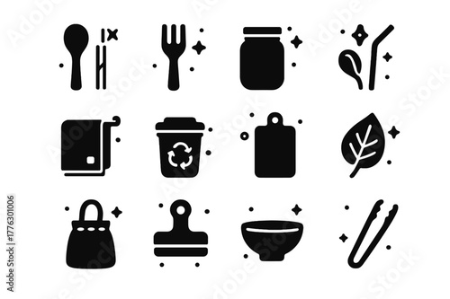 Eco Kitchen Icons. Eco Kitchen Tools. Solid icons set of Eco Kitchen Tools: bamboo spoon, wooden fork, glass jar, reusable straw, cotton towel, compost bin,