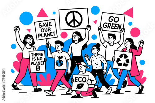 Eco-Friendly Street Demonstration. Environmental Protests. Street filled with demonstrators holding eco-friendly signs with floating abstract geometric shapes,