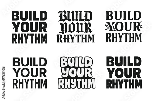 Diverse Lettering Styles. Build your rhythm. Set lettering. harmonious lettering variations of the same emblematic concept, each with different artistic