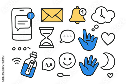 Forgotten Message Icons. // Forgotten message. Hand-drawn doodle illustration forgotten message [phone screen with unread chat (accented), envelope (accented),