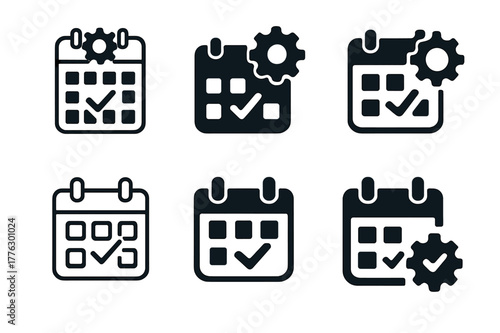 Automated Calendar Icons. Workplace automation. Set Logo of Workplace automation: automated calendar with checkmarks. Icon set. harmonious logo variations of
