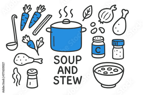 Soup Ingredients Doodle. // Soup and stew. Hand-drawn doodle illustration Soup and stew [stockpot (accented), ladle, carrots (accented), celery,