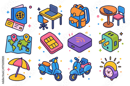 Digital Nomad Icons. Digital nomad life. Colorful isometric vector icons set of Digital nomad life: passport, boarding pass, coworking desk, travel backpack,