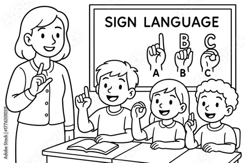 Sign Language Learning. Sign language support children?s coloring book illustration, outlined drawing, interpreter signing beside a student while classmates