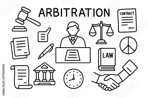 Legal Mediation Doodles. Arbitration. Hand-drawn doodle illustration arbitration judge?s gavel, contract, balance scale, mediator, law book, table, documents,