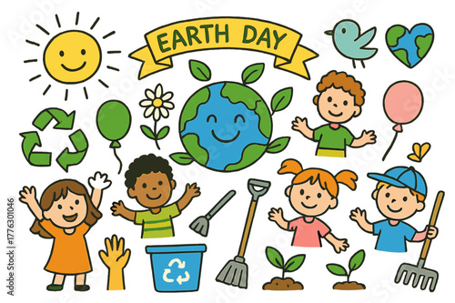 Earth Day Celebration. Earth day. Colorful Hand-drawn doodle Children illustration Earth day globe with leaves, poster, recycling arrows, balloons, smiling