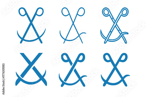 Surgical Icon Logos. Surgeons performing medical procedures. Set Logo of Surgeons performing medical procedures: needle holder crossing curved suture needle.